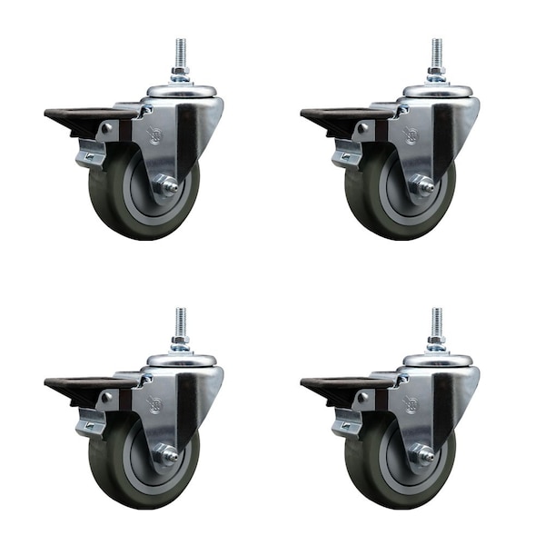 Service Caster 35 Inch Gray Polyurethane 38 Inch Threaded Stem Caster Set with Brake SCC-TS20S3514-PPUB-PLB-381615-4 - main